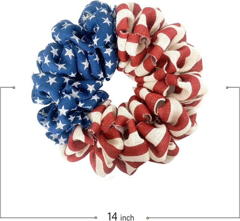 13 Inch Patriotic Burlap Wreath, 4th of July Summer Burlap Stripe and Stars Printed Wreath for The Front Door, Handcrafted Memorial Day American Flag Printed Home Decor for Indoor and Outdoor - Image 6