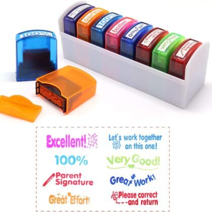 Reliancer Colorful Self-Inking Motivation School Grading Teacher Stamp Set and Tray (8-Piece)
