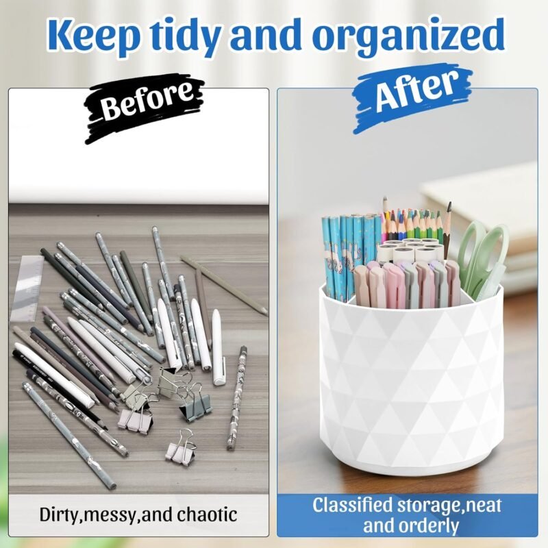 Desk Organizer,Sparkling Diamond-like Pen Holder for Desk 360°Rotating Office Accessories,Pencil Cup with 5 Compartments Storage Box Caddy for Office,School,Home,Art Supply(White) - Image 6