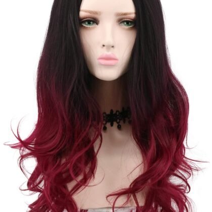 yuehong Long Wavy Two Tone Ombre Black Dark Red Women Wig Anime Cosplay Costume Wigs