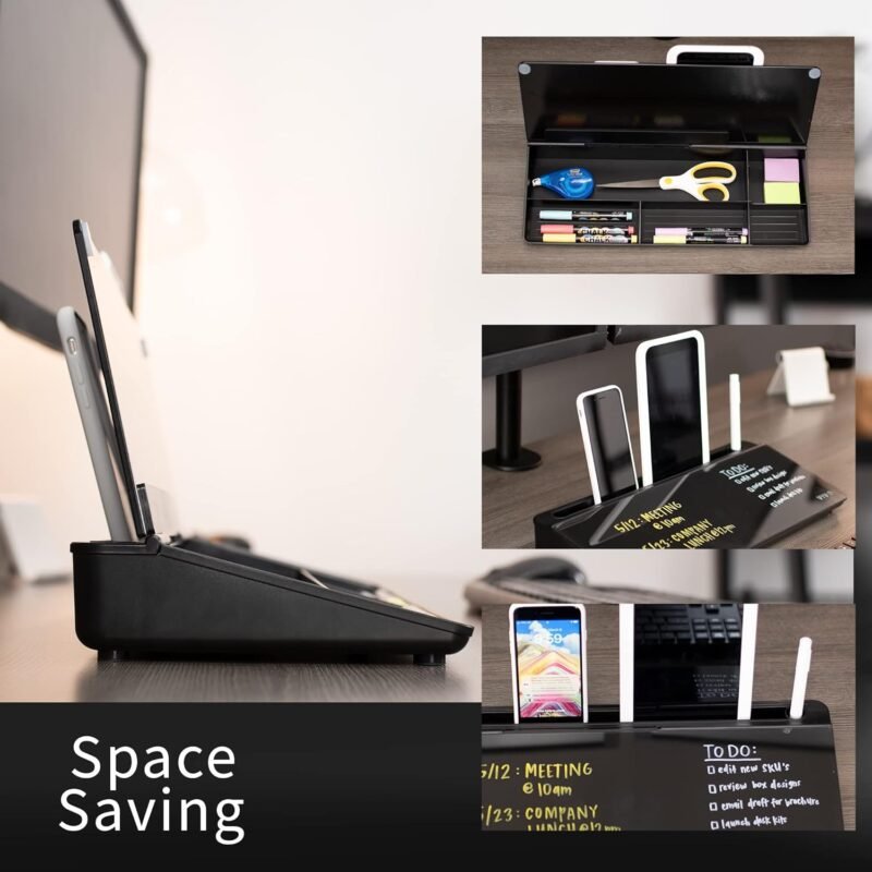 Vivo Glass 16 x 7 inch Dry Erase Board with Storage, Desktop Whiteboard Organizer with Hidden Compartments and Device Slot, Black, DESK-WB16B - Image 6