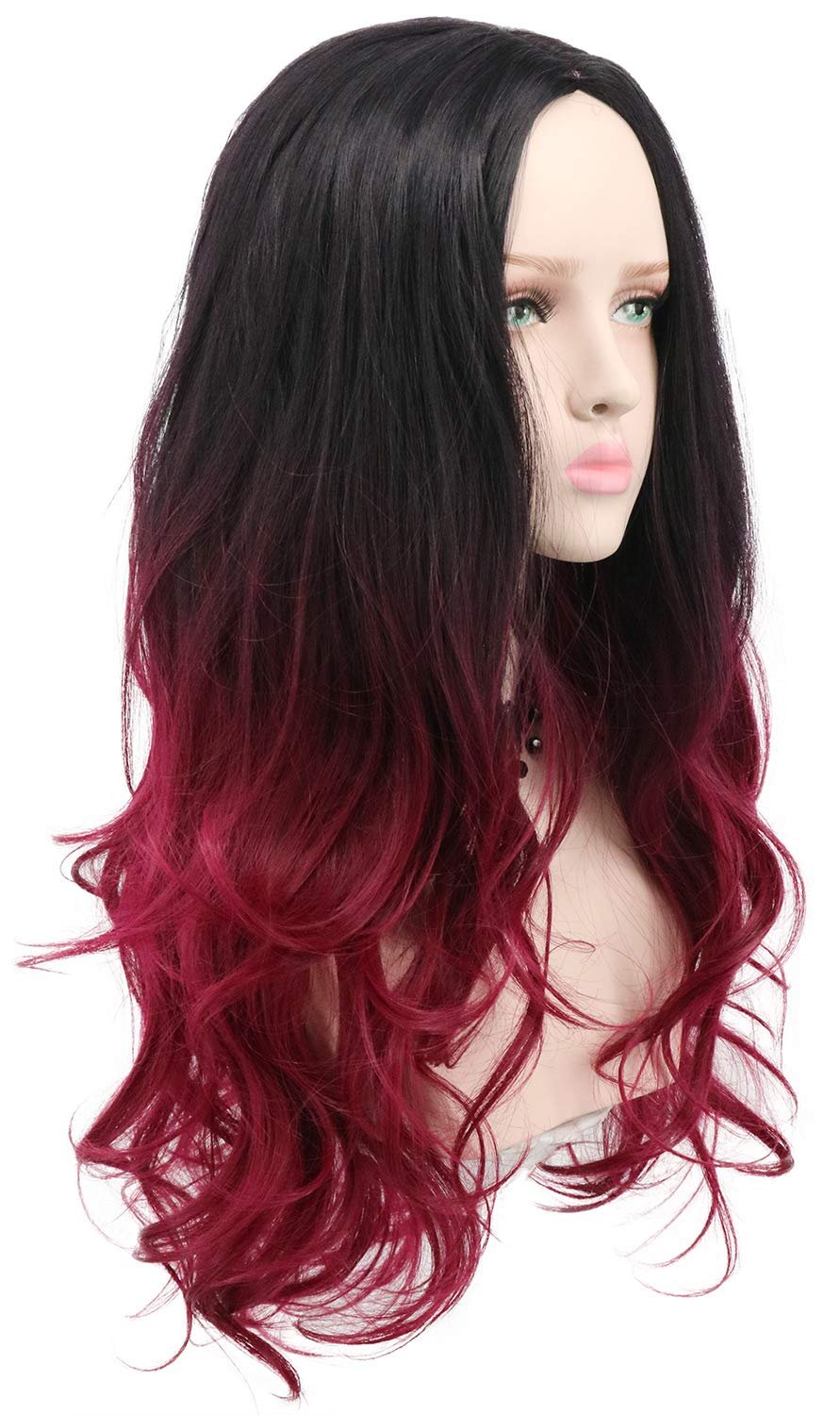yuehong Long Wavy Two Tone Ombre Black Dark Red Women Wig Anime Cosplay Costume Wigs - Image 2
