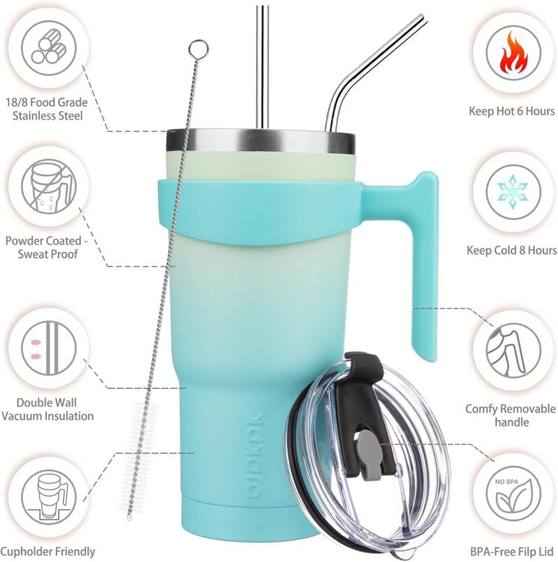 BJPKPK Tumbler With Handle 20 oz Stainless Steel Tumbler With Lid And Straw Insulated Coffee Cups,Mint - Image 2