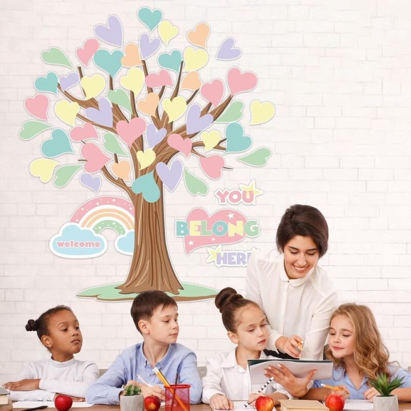 Pastel Tree Bulletin Board Classroom Decoration Welcome Back to School Bulletin Board Sets You Belong Here Heart Rainbow Cutouts for Summer Teacher School Nursery Home Classroom Chalkboard Wall Decor - Image 4