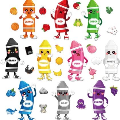 Outus 32 Pcs Color Bulletin Board Set for Classroom, Crayon Classroom Boarders Color Posters Cutouts with 80pcs Adhesive Glue Point Dots for Toddler Preschool Learning Decorations