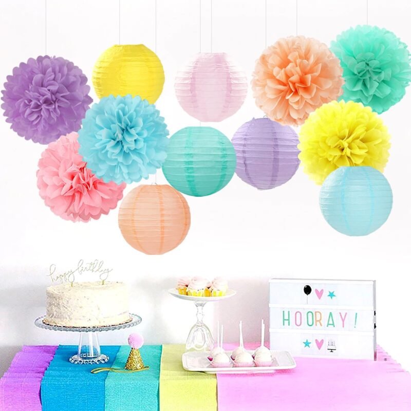 Pastel Rainbow Colorful Party-Decorations Paper Flowers Lanterns - 15PCS Birthday Classroom Baby Shower Tissue Pom Poms Streamers, Macaron Carnival Theme Hanging Supplies Decor Hugfond - Image 2