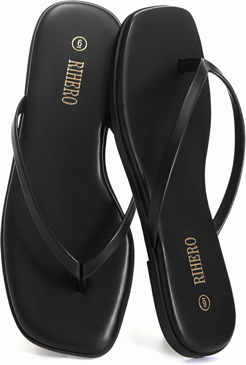 Rihero Flip Flops for Women Comfortable Square Toe Beach Sandals Slip On Leather Thong Flat Sandals Dressy - Image 3