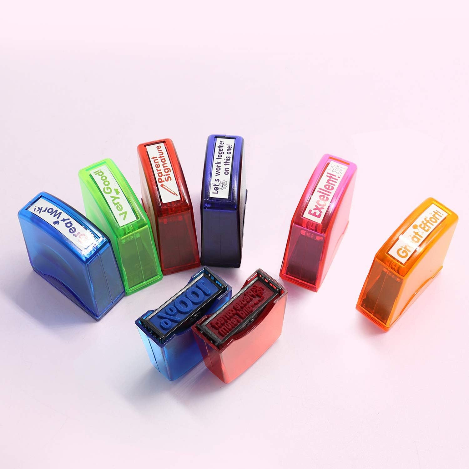 Reliancer Colorful Self-Inking Motivation School Grading Teacher Stamp Set and Tray (8-Piece) - Image 7