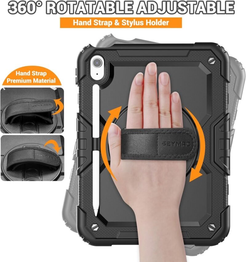 SEYMAC for iPad (A16) 11th/10th Generation Case 2025/2022 (11″/10.9″), Sturdy Heavy Duty Full-Body Shockproof Protective Case with Screen Protector, Rotating Stand, Hand/Shoulder Strap, Black - Image 3