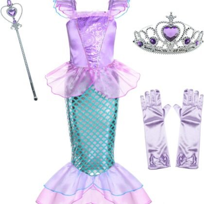 Little Girls Mermaid Princess Costume for Girls Dress Up Party with Gloves,Crown Mace 3-10 Years