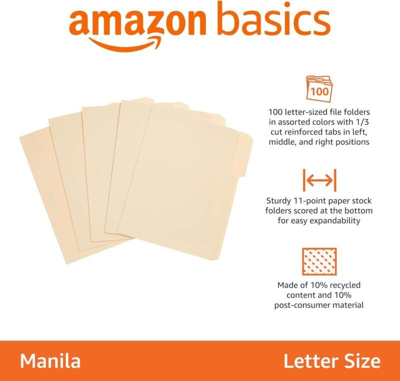 Amazon Basics File Folders with Tabs for Filing, 1/3-Cut Tab, Assorted Positions, Letter Size, Manila, Pack of 100 - Image 2