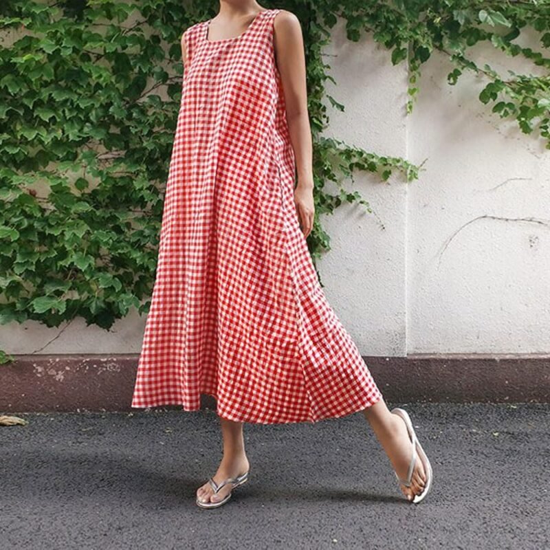 chouyatou Women's Casual Loose-Fit Cotton and Linen Plaid Tank Maxi Dress with Pockets - Image 5