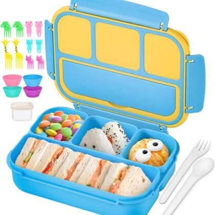 QQKO Bento Lunch Boxes with 4 Compartments, Sauce Container, Utensils, Food Picks and Muffin Cups for School or Adults, Blue