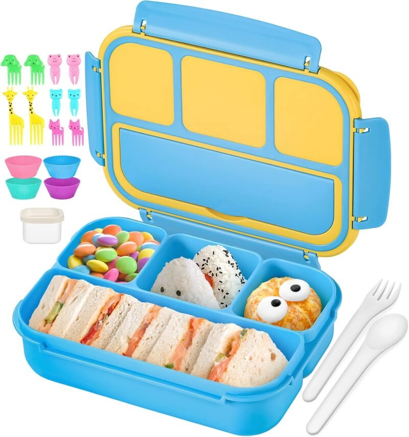QQKO Bento Lunch Boxes with 4 Compartments, Sauce Container, Utensils, Food Picks and Muffin Cups for School or Adults, Blue