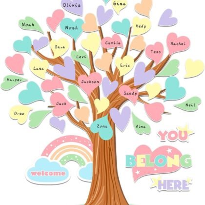 Pastel Tree Bulletin Board Classroom Decoration Welcome Back to School Bulletin Board Sets You Belong Here Heart Rainbow Cutouts for Summer Teacher School Nursery Home Classroom Chalkboard Wall Decor
