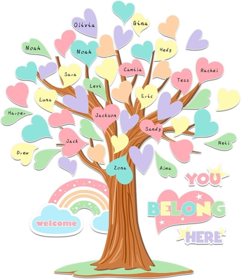 Pastel Tree Bulletin Board Classroom Decoration Welcome Back to School Bulletin Board Sets You Belong Here Heart Rainbow Cutouts for Summer Teacher School Nursery Home Classroom Chalkboard Wall Decor