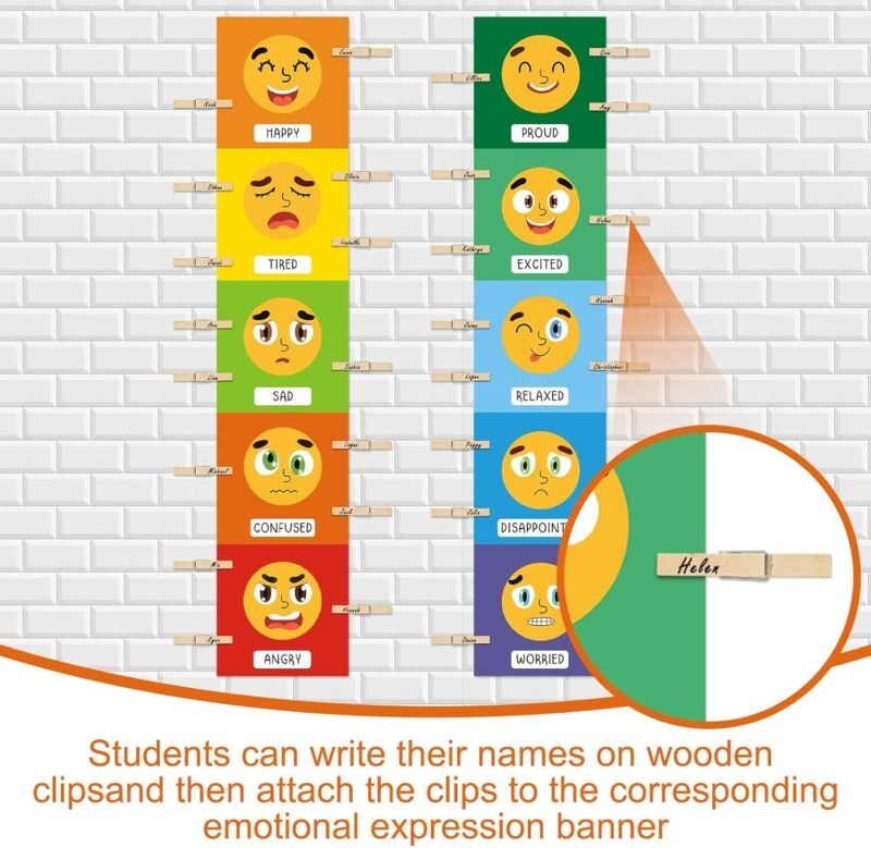 Kosiz 2 Pcs Feeling Emotions Chart Posters Feeling Control Charts Classroom Emotional Regulation Posters with 30 Pcs Clips Emotion Tracker for Classroom Must Haves Supplies, 50 x 10 Inch(Classic) - Image 4