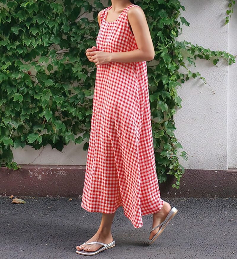 chouyatou Women's Casual Loose-Fit Cotton and Linen Plaid Tank Maxi Dress with Pockets - Image 3