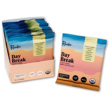 Raaka Functional Mushroom Chocolate | Day Break - Focus & Energy | 63% Cacao Dark Chocolate, Yerba Mate, Cordyceps Mushrooms, Chaga | Vegan, Organic, Gluten-Free | 10 Adaptogen Chocolate Bars