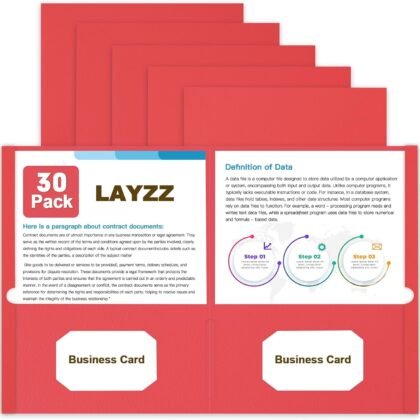 Folders with Pockets, LAYZZ 30 Pack Paper Pocket Folders, 2 Pocket Folders Fits Letter Size Paper, for School Office and Home (Red)