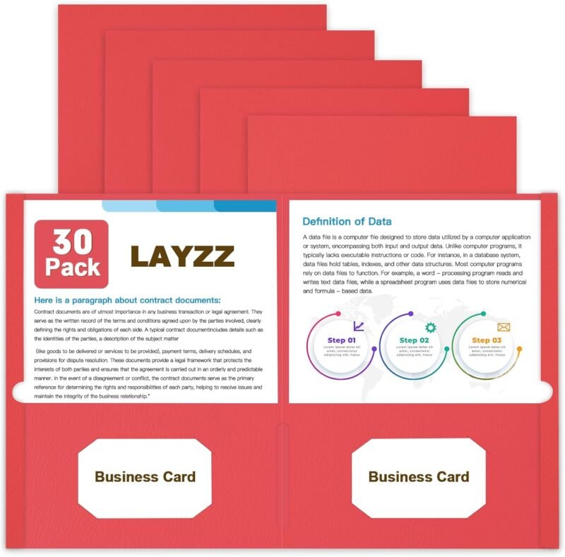 Folders with Pockets, LAYZZ 30 Pack Paper Pocket Folders, 2 Pocket Folders Fits Letter Size Paper, for School Office and Home (Red)