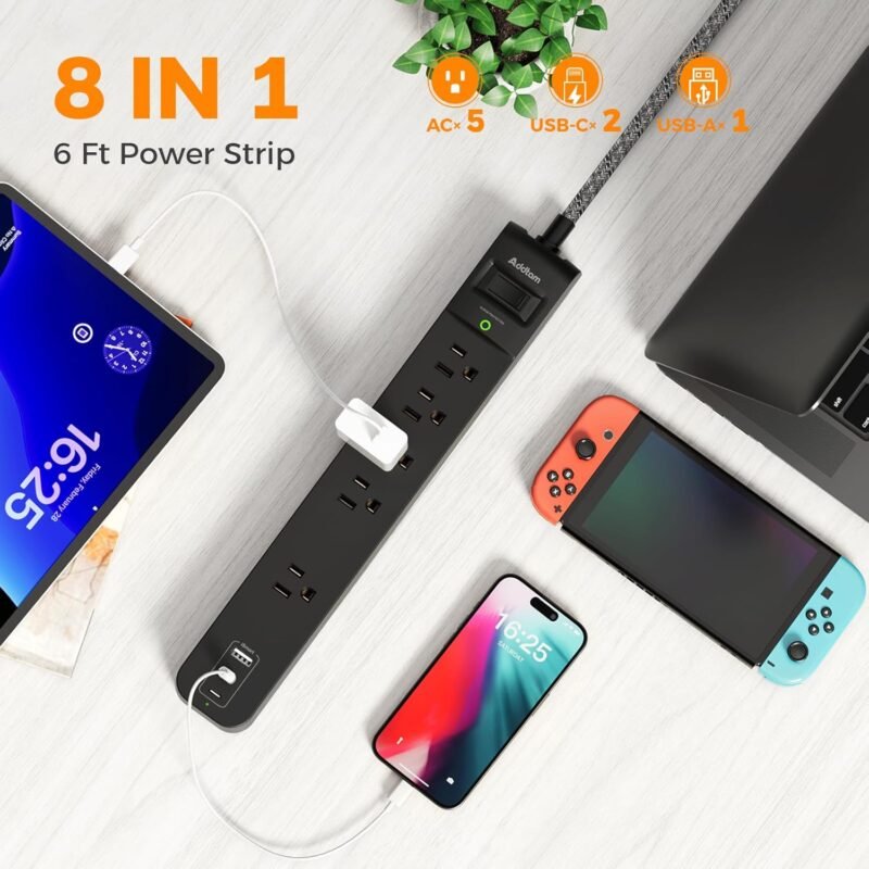 2 Pack Power Strip Surge Protector - 5 Widely Spaced Outlets 3 USB Charging Ports, 1875W/15A with 6Ft Braided Extension Cord, Flat Plug, Overload Surge Protection, Wall Mount for Home Office - Image 2