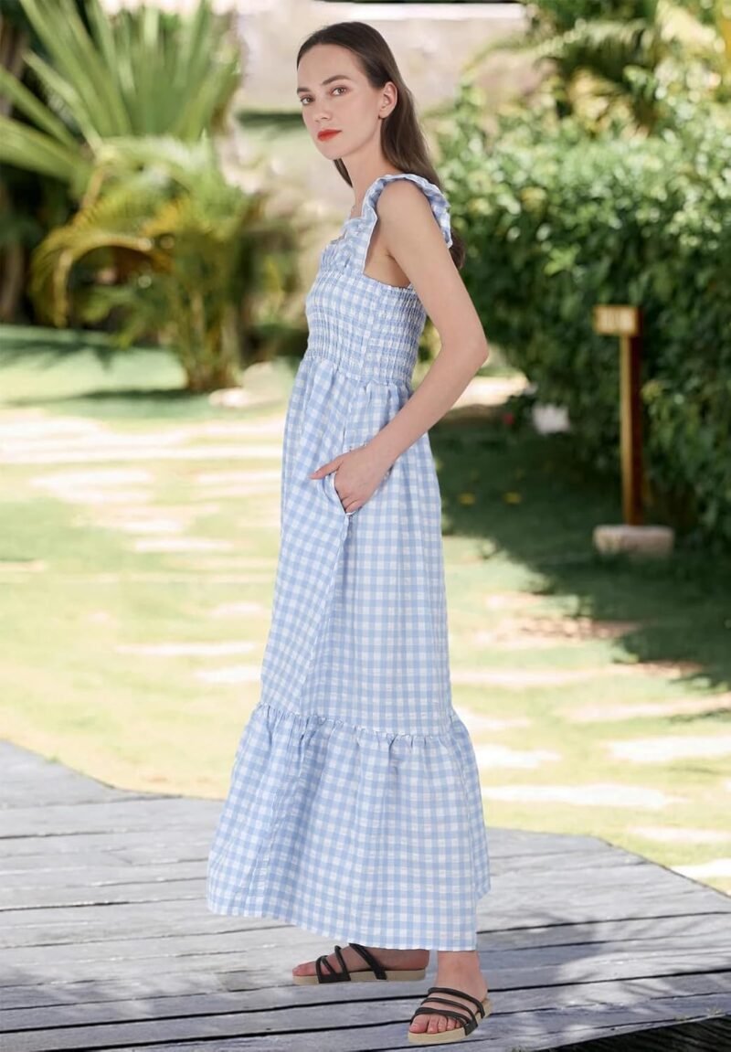 chouyatou Women's Retro Plaid Smocked Dress Spaghetti Strap Flounce Long Dress - Image 3