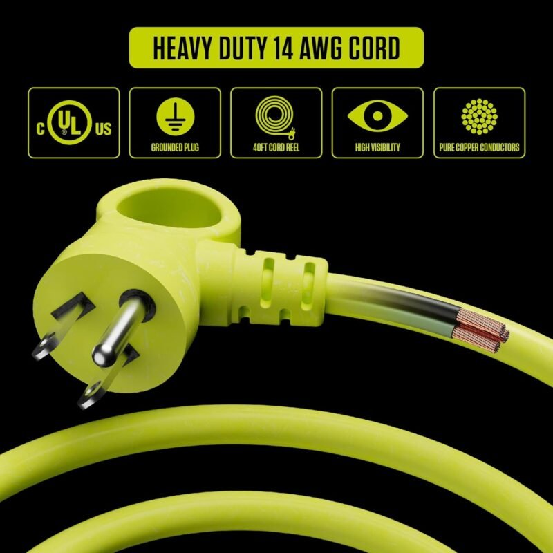 40ft Case Cord Reel, Retractable Extension Lead with Winding Handle, Safety Overload Circuit Breaker and Power Switch, 4X Grounded Outlets, 13amps, 14AWG Cable - Image 4