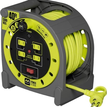 40ft Case Cord Reel, Retractable Extension Lead with Winding Handle, Safety Overload Circuit Breaker and Power Switch, 4X Grounded Outlets, 13amps, 14AWG Cable