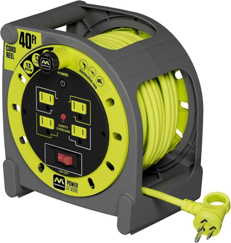 40ft Case Cord Reel, Retractable Extension Lead with Winding Handle, Safety Overload Circuit Breaker and Power Switch, 4X Grounded Outlets, 13amps, 14AWG Cable