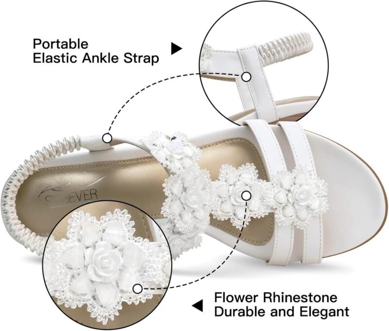 SHIBEVER Womens Sandals Wedge Flower: Open Toe Elastic Ankle Strap Wedge Sandal - Dressy Sandals Women - Comfortable Summer Bohemia - Image 3