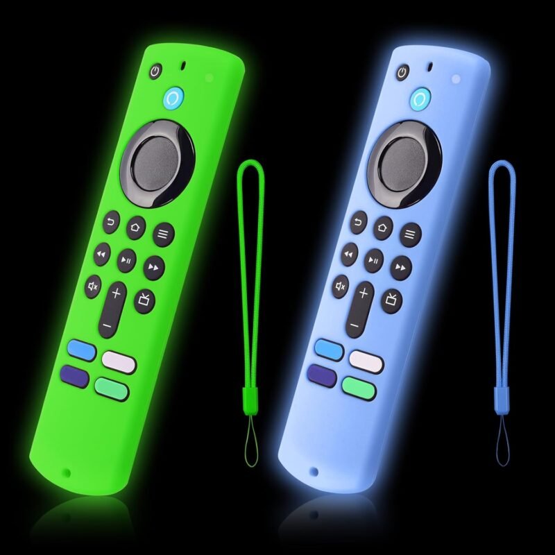 2-Pack Glowing Green + Glow Blue Remote Cover Compatible with Lenovo FireTV Stick, HD, 3rd Gen., 4K Remote Controls, Anti-Slip Silicone Protective Case with Lanyard, GITD!