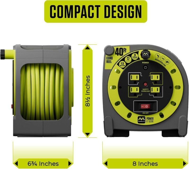 40ft Case Cord Reel, Retractable Extension Lead with Winding Handle, Safety Overload Circuit Breaker and Power Switch, 4X Grounded Outlets, 13amps, 14AWG Cable - Image 7