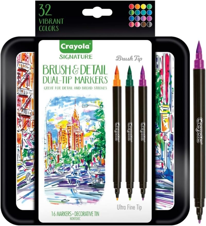 Crayola Brush & Detail Dual Tip Marker Set, 16 Markers, 32 Colors, Adult Coloring Markers, Gifts for Teens & Adults - Image 2
