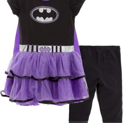 WARNER BROS Justice League Supergirl Batgirl Costume Dress Leggings Cape and Headband 4 Piece Set Newborn to Big Kid
