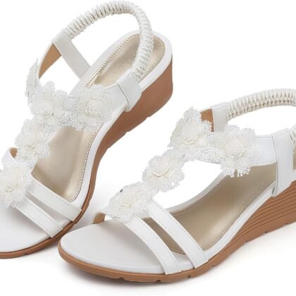 SHIBEVER Womens Sandals Wedge Flower: Open Toe Elastic Ankle Strap Wedge Sandal - Dressy Sandals Women - Comfortable Summer Bohemia