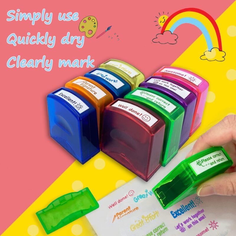 Teacher Stamps for Grading Classroom,Parent Signature Self-Inking Teacher Stamp Set School Supplies Stamps for Homework Reward with 8 pcs Classroom Supplies for School Elementary(Rainbow) - Image 3