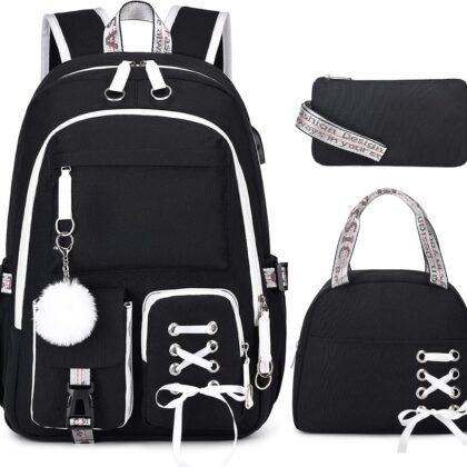 Backpacks for Girls, Girls Backpack with Lunch Box and Pencil Case for Teen Kids Elementary Middle High School College Student, Children School Backpack Bookbag with USB Charging Port (Black)