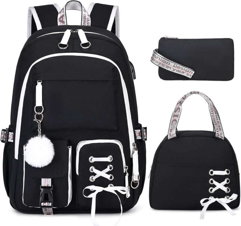 Backpacks for Girls, Girls Backpack with Lunch Box and Pencil Case for Teen Kids Elementary Middle High School College Student, Children School Backpack Bookbag with USB Charging Port (Black)