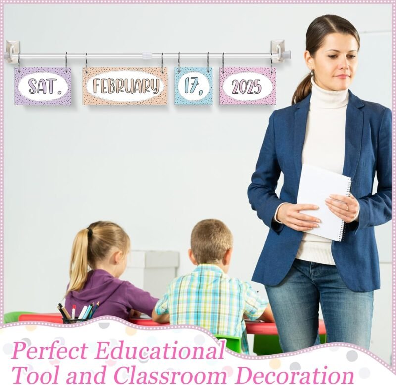 TecUnite Pastel Calendar Bulletin Board Set Girl Style Classroom Bulletin Board Decor 54 Date Cards Colorful Pastel Flip Calendar with Adjustable Holder for Back to School Supplies, Years 2025-2028 - Image 7