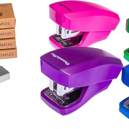 Aria Premium Back to School Mini Stapler Set of 4 - with Built-in Staple Removers, 2000 Standard Staples Included - for Office, School,Travel, Blue, Pink, Purple, Green,