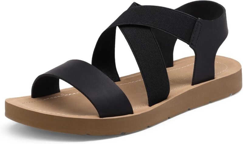 DREAM PAIRS Women's Open Toe Elastic Ankle Strap Flat Summer Sandals