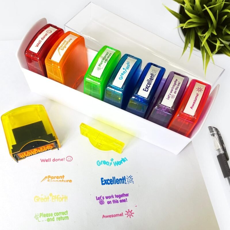 Teacher Stamps for Grading Classroom,Parent Signature Self-Inking Teacher Stamp Set School Supplies Stamps for Homework Reward with 8 pcs Classroom Supplies for School Elementary(Rainbow) - Image 5