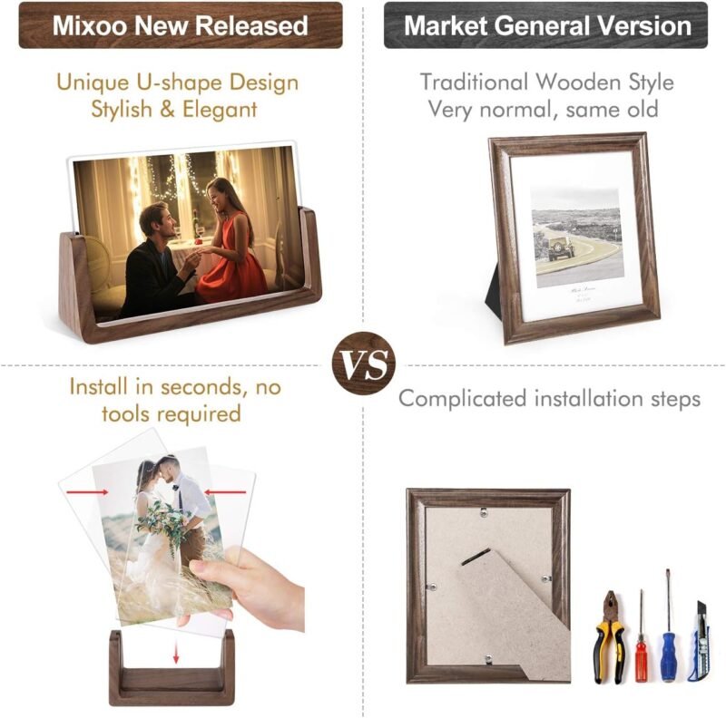 Mixoo 4x6 Wood Photo Picture Frame 2 Pack - Rustic Wooden Picture Frame with Walnut Wood Base and High Definition Break Free Acrylic Covers for Tabletop or Desktop Display (Horizontal + Vertical) - Image 3