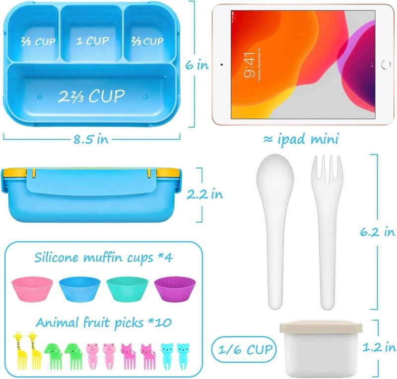 QQKO Bento Lunch Boxes with 4 Compartments, Sauce Container, Utensils, Food Picks and Muffin Cups for School or Adults, Blue - Image 2