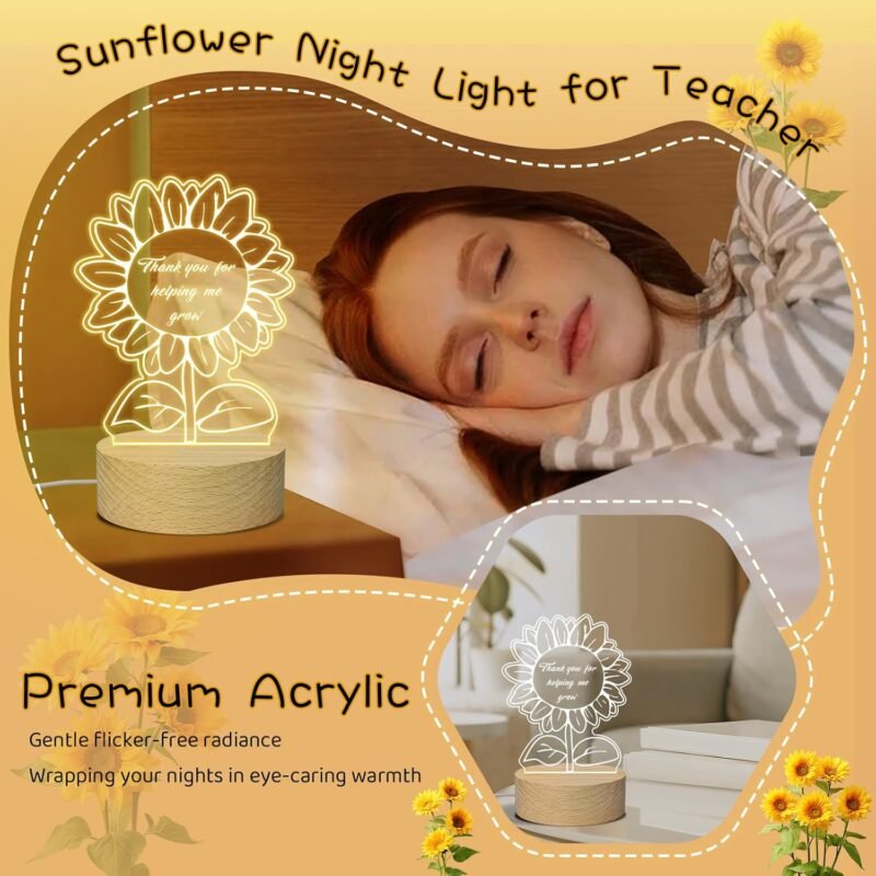 Teacher Appreciation Gifts Night Light - Thank You Graduation Gifts for Teacher Women Men Mentor Tutor Back to School Retirement Gift for Teachers Day Sunflower Acrylic Light - Image 5