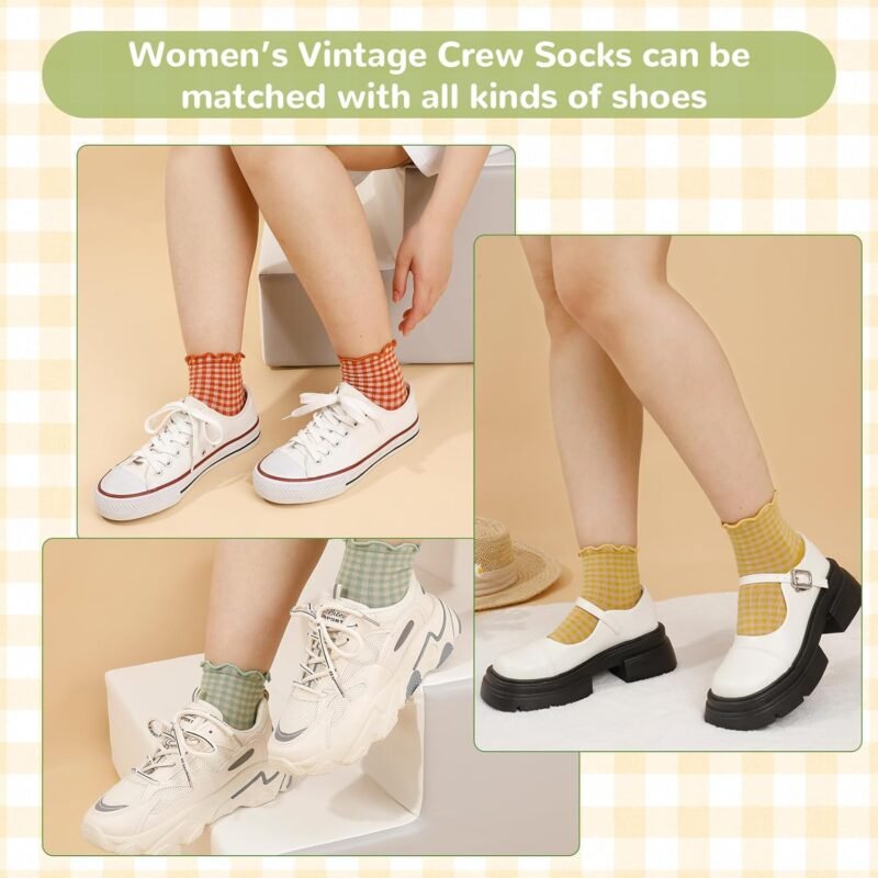 6 Pairs Women Ruffle Socks Striped Frilly Socks, Women Cute Socks Checkered Socks Ankle Socks for Women Cotton Knit Casual Crew Socks Size 5-9, Medium - Image 7