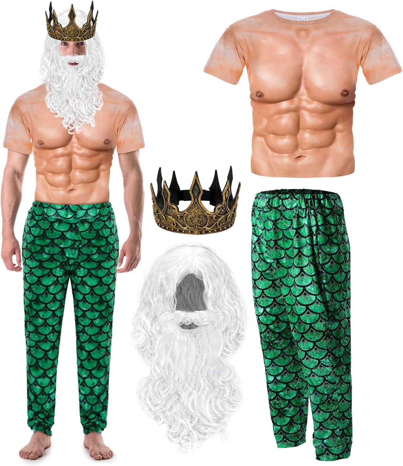 4 Pcs Halloween Poseidon Costumes Deluxe Merman Kit Neptune God of Sea Cosplay for Men