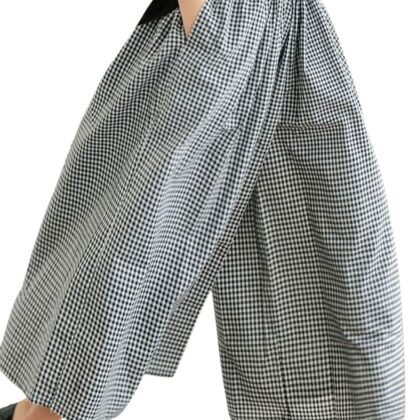 chouyatou Women's Cotton Linen Pants Elastic Waist Plaid Gingham Wide Leg Capri Palazzo Pants