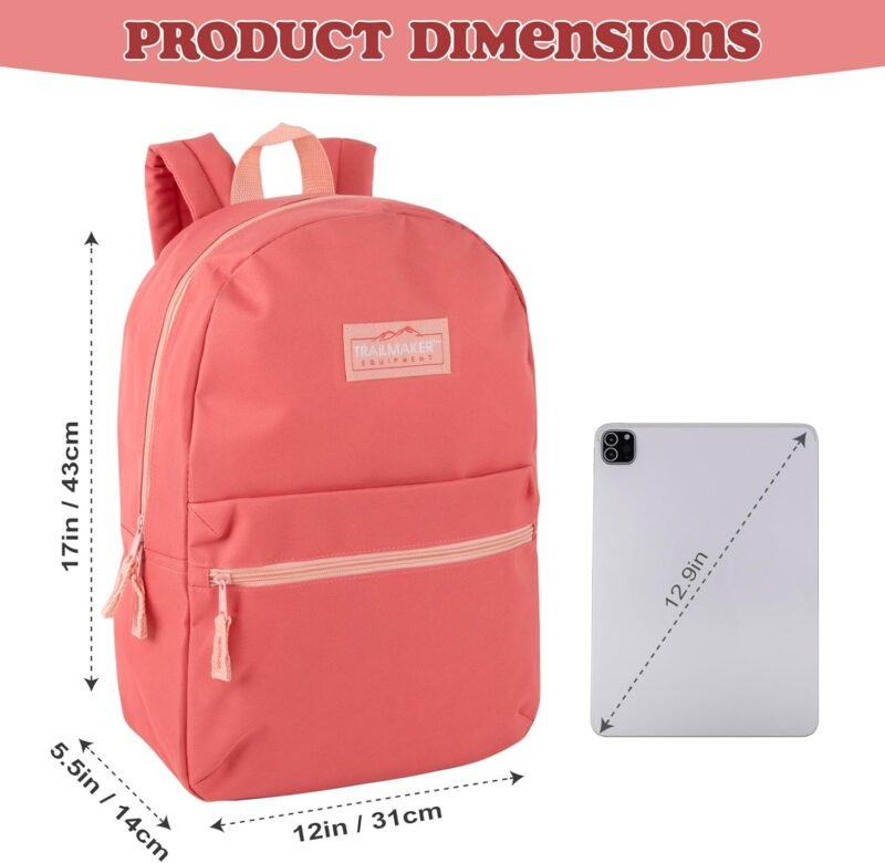 Trail maker Classic 17 inch Backpacks with Adjustable Padded Straps | School Backpacks for Girls, Boys (Coral) - Image 4